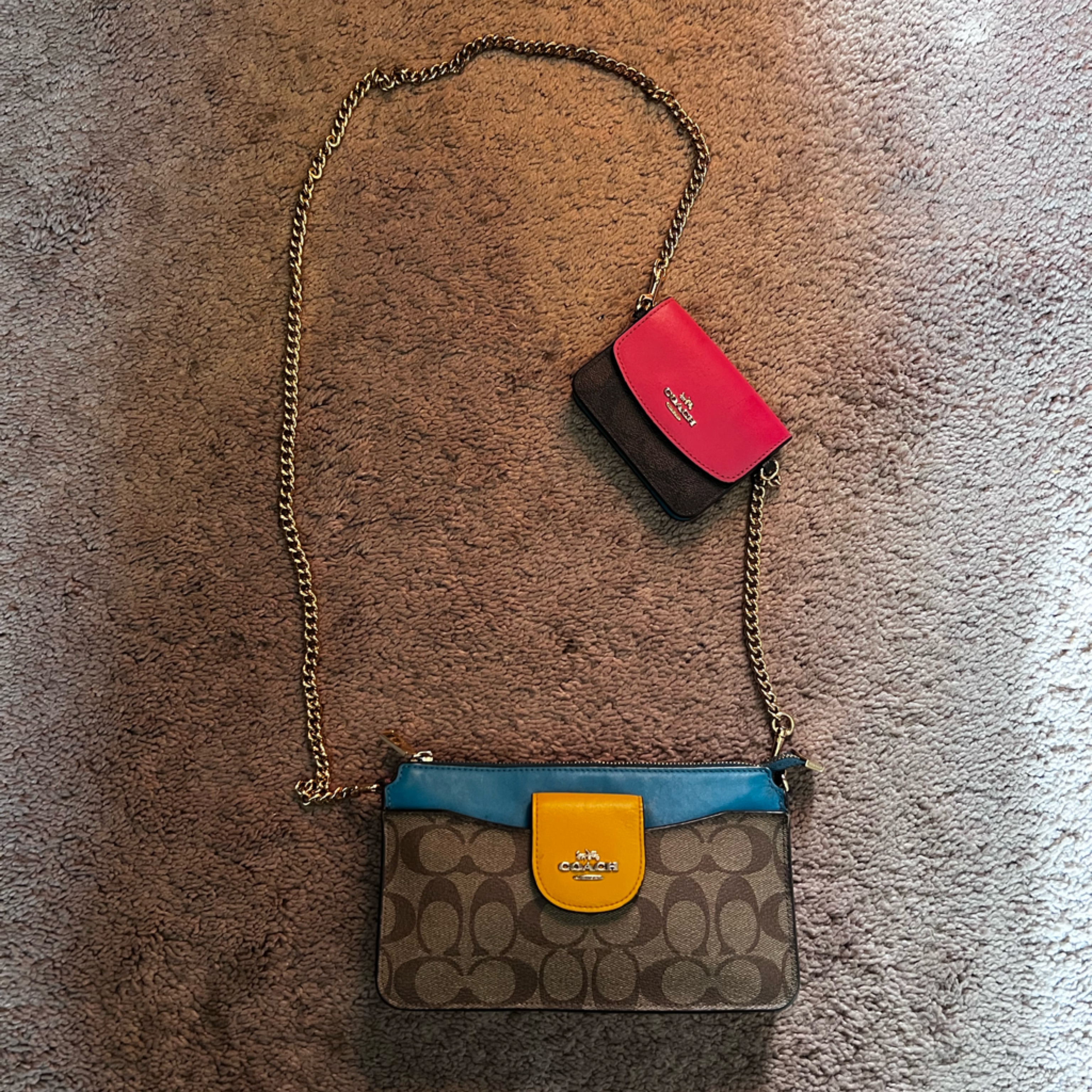 Coach Brown And Blue Crossbody Bag With Yellow And Pink Accents